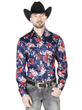 Blue Flower Print Casual Long Sleeve Shirt 43937