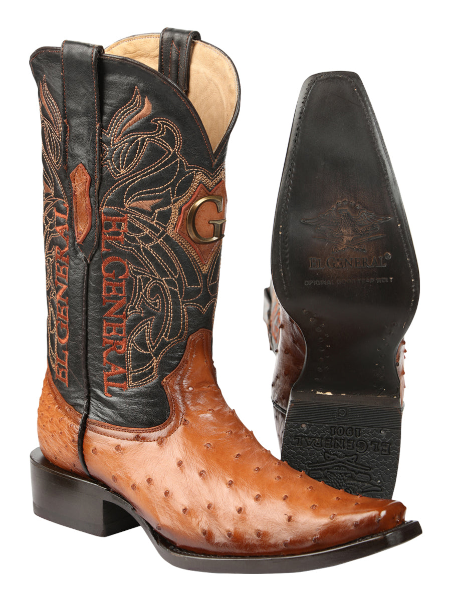 El General Men's Exotic Ostrich Leather Cowboy Boots - Cognac  45077