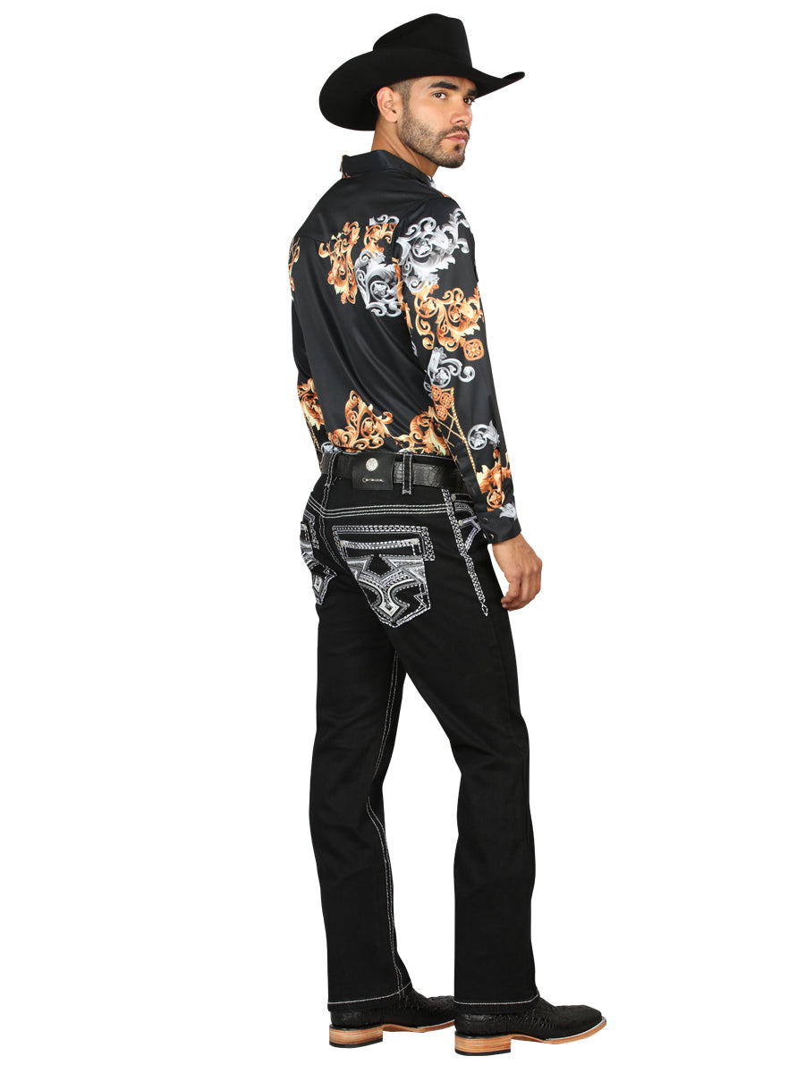 Centenario Men's Black Denim with White/Gray Embroidered Details  45310