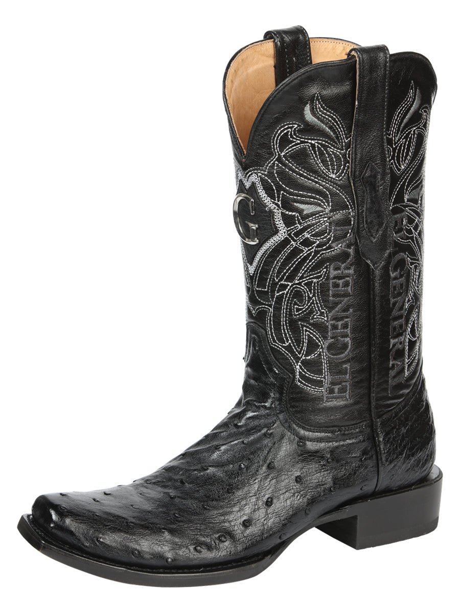 El General Men's Exotic Ostrich Leather Cowboy Boots - Black  45515