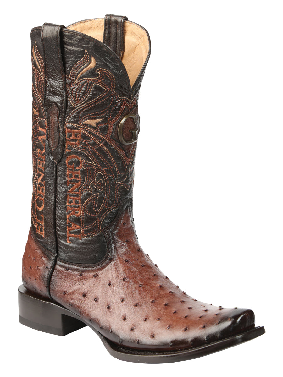 El General Men's Exotic Ostrich Leather Cowboy Boots - Brown  45516