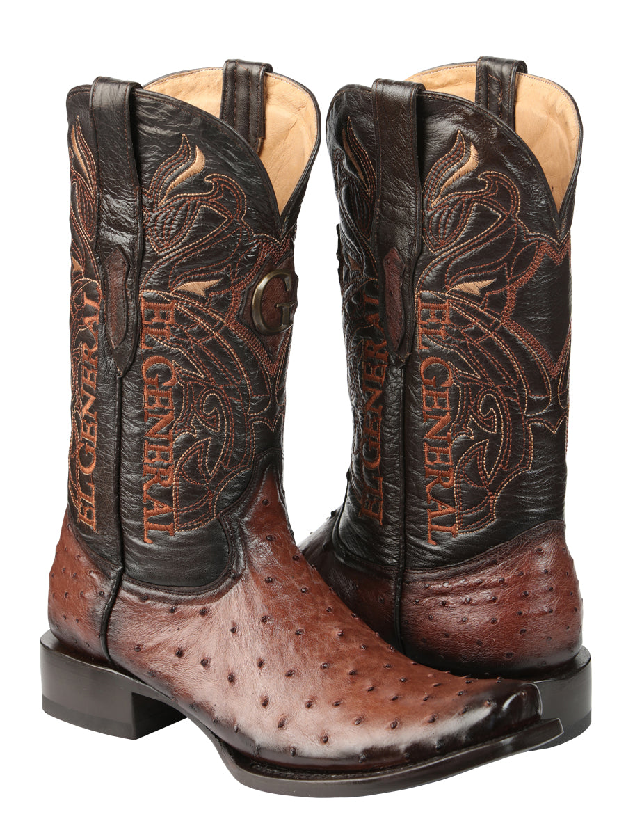 El General Men's Exotic Ostrich Leather Cowboy Boots - Brown  45516