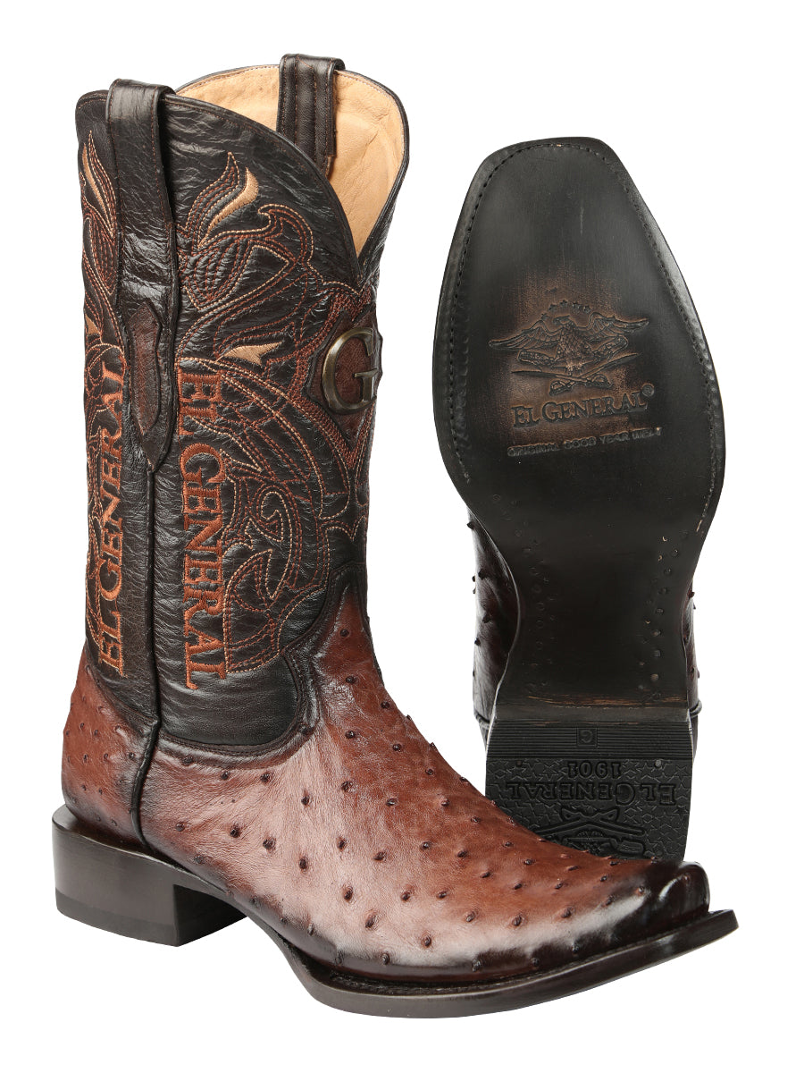 El General Men's Exotic Ostrich Leather Cowboy Boots - Brown  45516