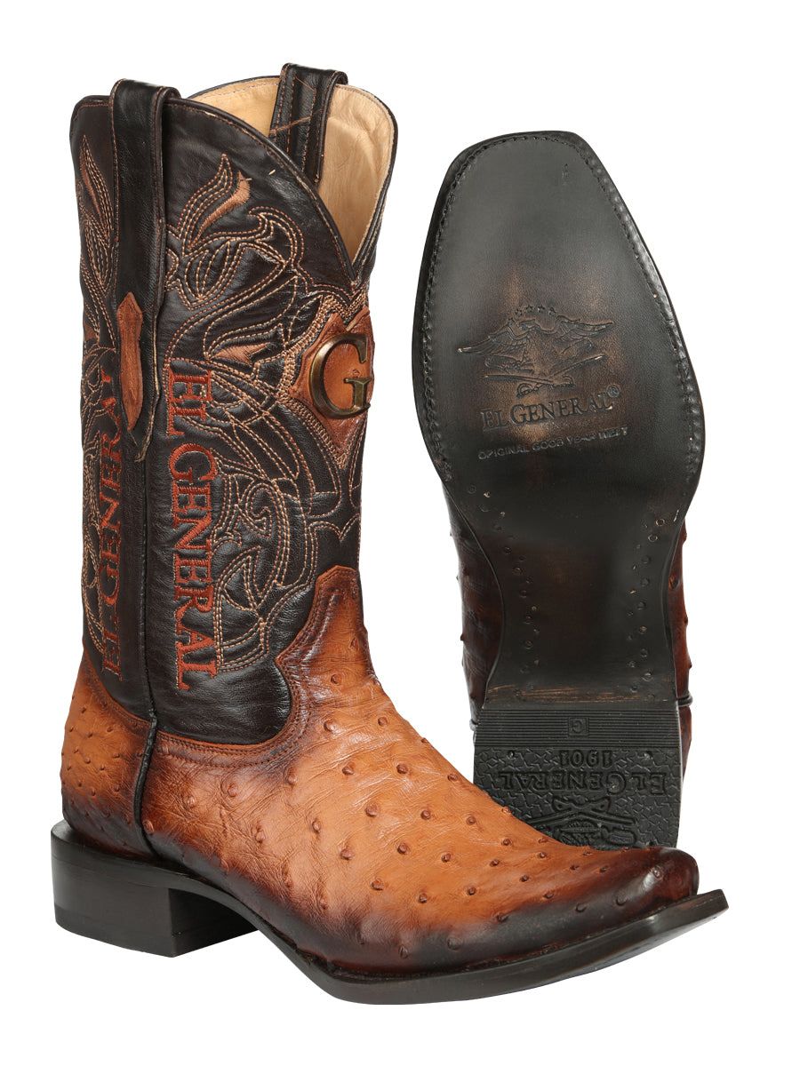 El General Men's Exotic Ostrich Leather Cowboy Boots - Cognac  45517