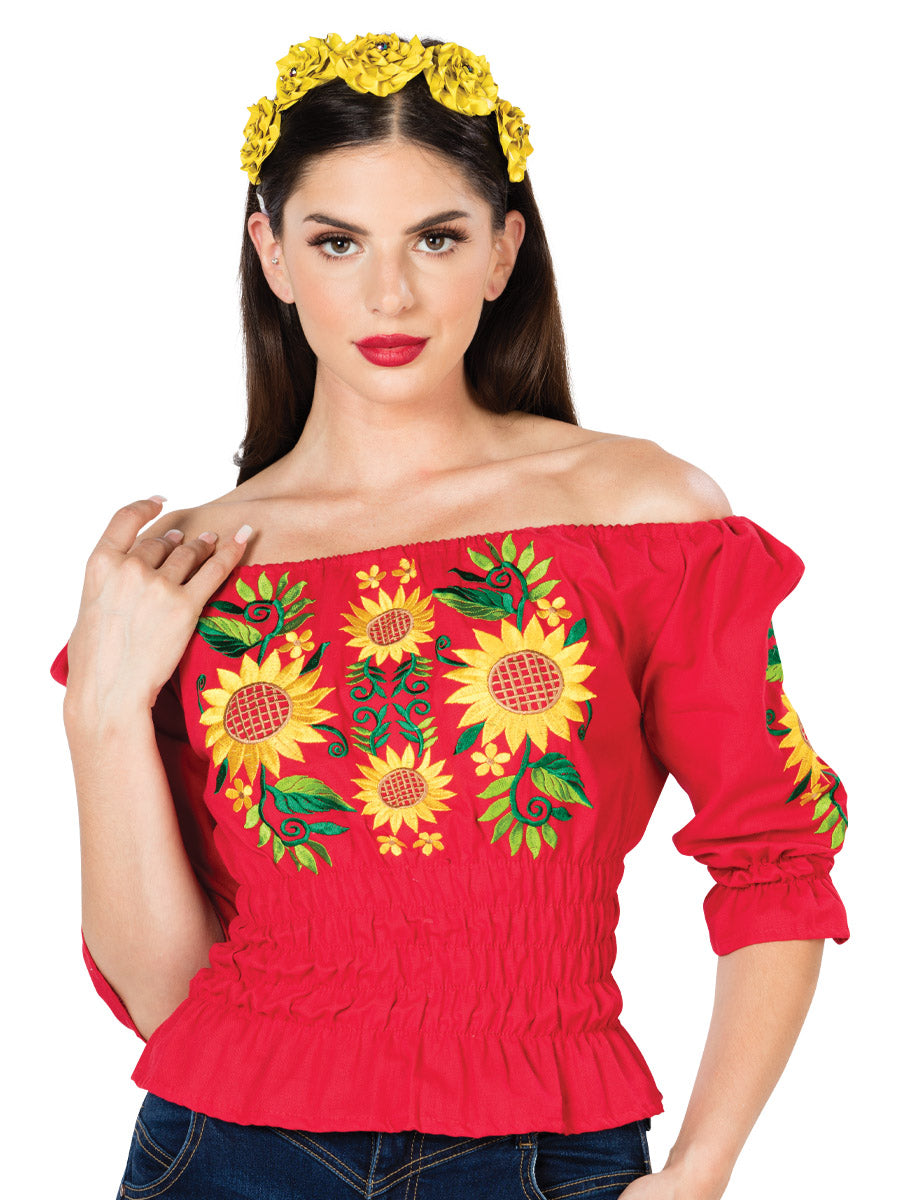 Artisanal Embroidered Blouse 100% Cotton Red 603045