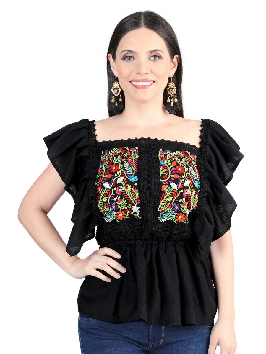 Artisanal Embroidered Blouse 100% Cotton Black 603966