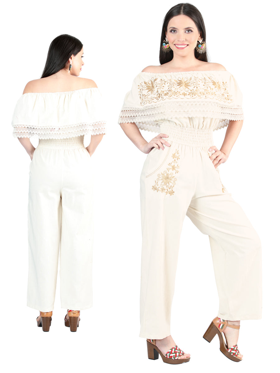 Artisanal Embroidered Jumpsuit 100% Cotton Beige 603998